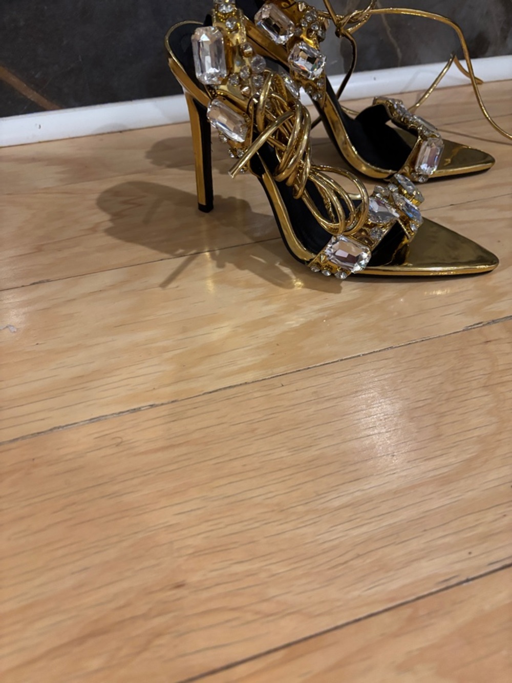 Gold Jeweled Strappy High Heel Sandals - Women's